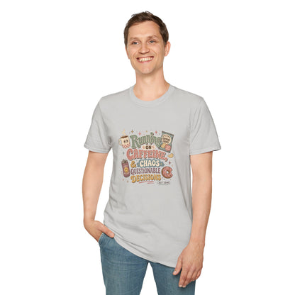 Running on Caffeine & Chaos T-Shirt | Coffee Mug Donut Illustration