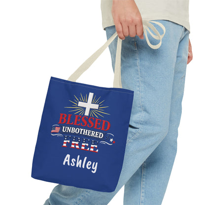 Blessed Unbothered Free Cross tote bag | patriotic faith design