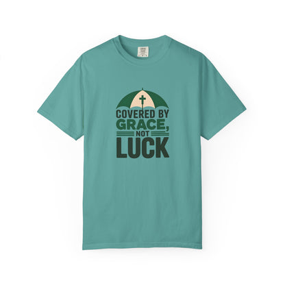 Covered by Grace Not Luck T-Shirt | Christian faith tee, cross graphic
