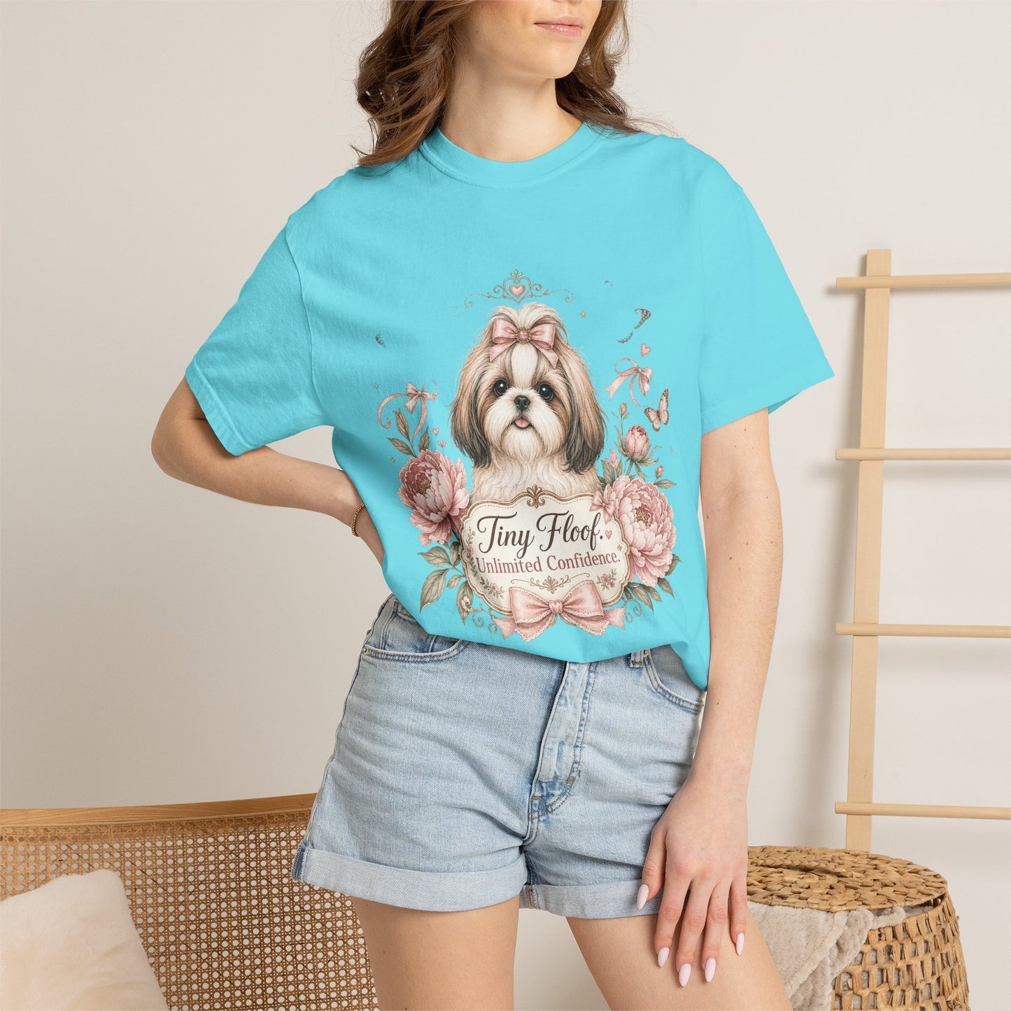 Shih Tzu Floral Portrait T-Shirt | Tiny Floof Illustration, Pink Roses