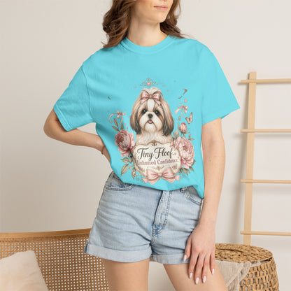 Shih Tzu Floral Portrait T-Shirt | Tiny Floof Illustration, Pink Roses