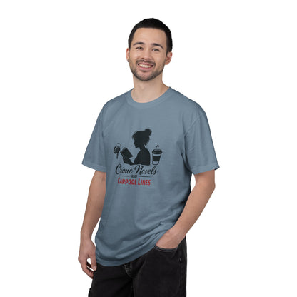 Crime Novels and Carpool Lines T-shirt | Reading Mom Silhouette, Coffee Graphic