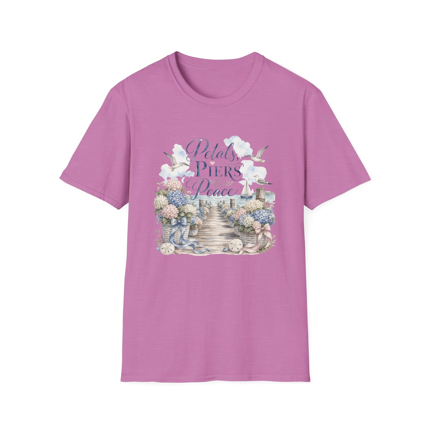 Petals Piers Peace T-Shirt | Coastal Lighthouse Floral Seagulls Design