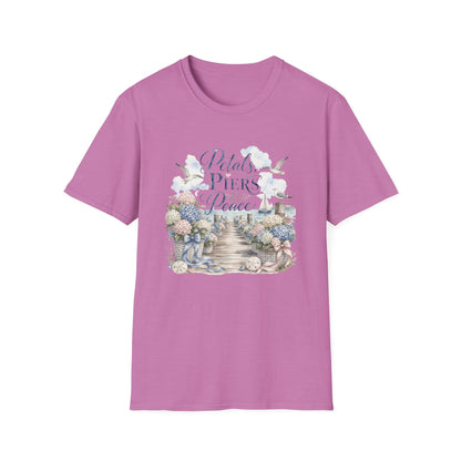 Petals Piers Peace T-Shirt | Coastal Lighthouse Floral Seagulls Design