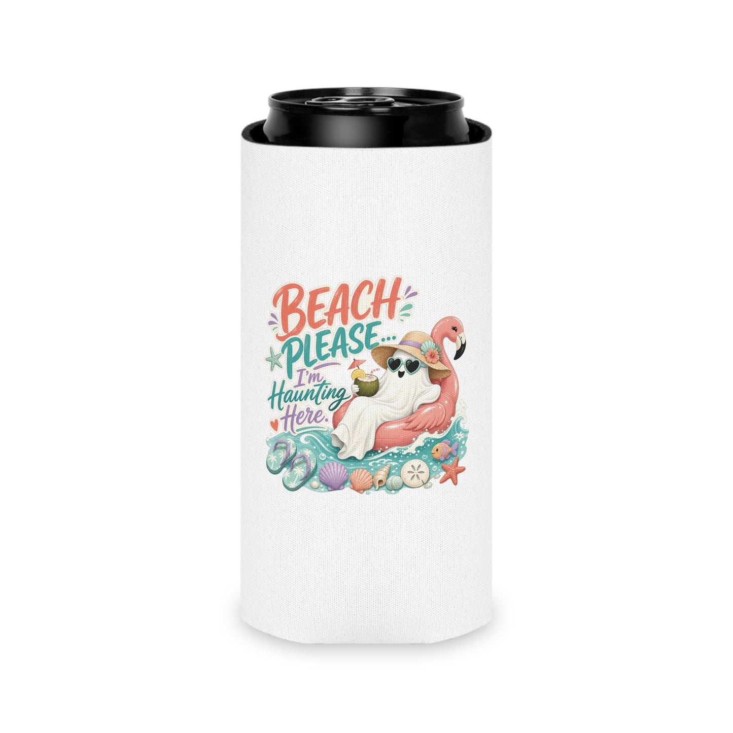 Beach Please Ghost Flamingo Can Cooler | Summer Beach Drink Sleeve