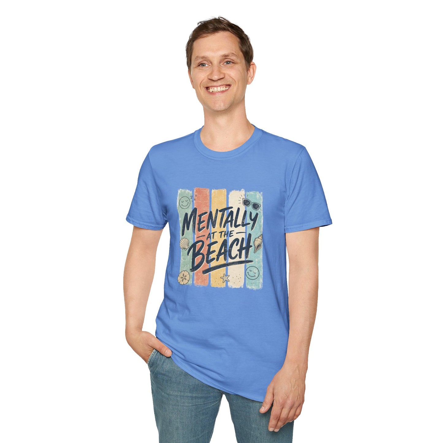 Mentally at the Beach T-Shirt | Retro Stripes, Sunglasses & Seashells