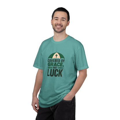 Covered by Grace Not Luck T-Shirt | Christian faith tee, cross graphic