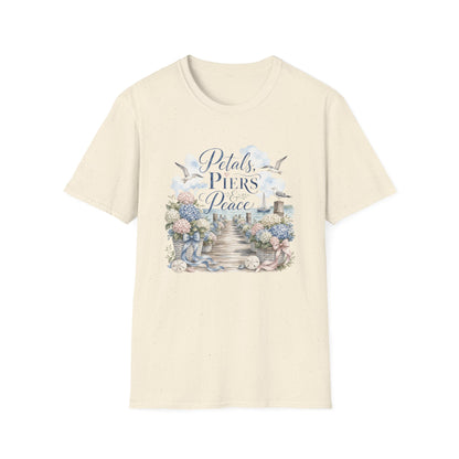 Petals Piers Peace T-Shirt | Coastal Lighthouse Floral Seagulls Design