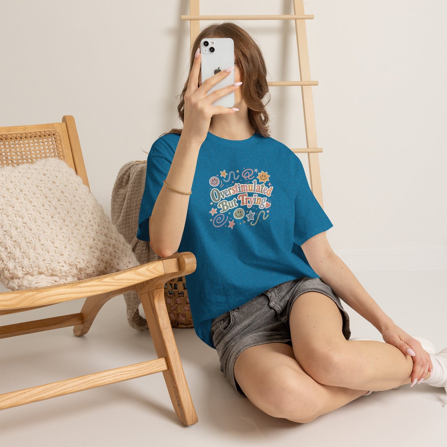 Overstimulated But Trying tee | Funny Mental Health Shirt, Cute Retro Doodles