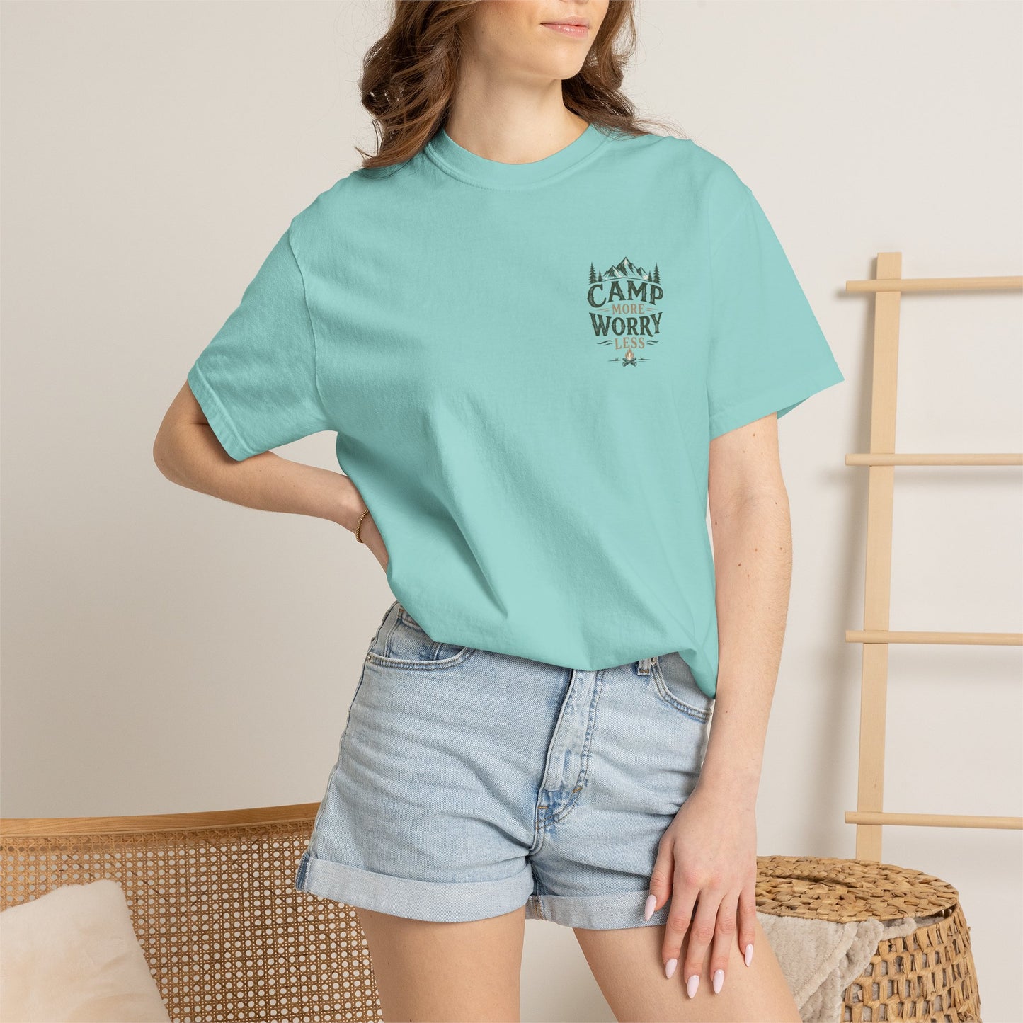 Camp More Worry Less T-shirt | Camping Mountains Pine Trees Design