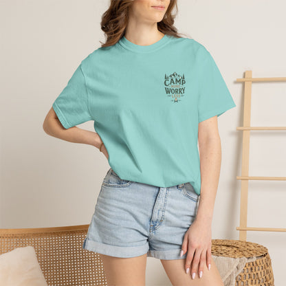Camp More Worry Less T-shirt | Camping Mountains Pine Trees Design