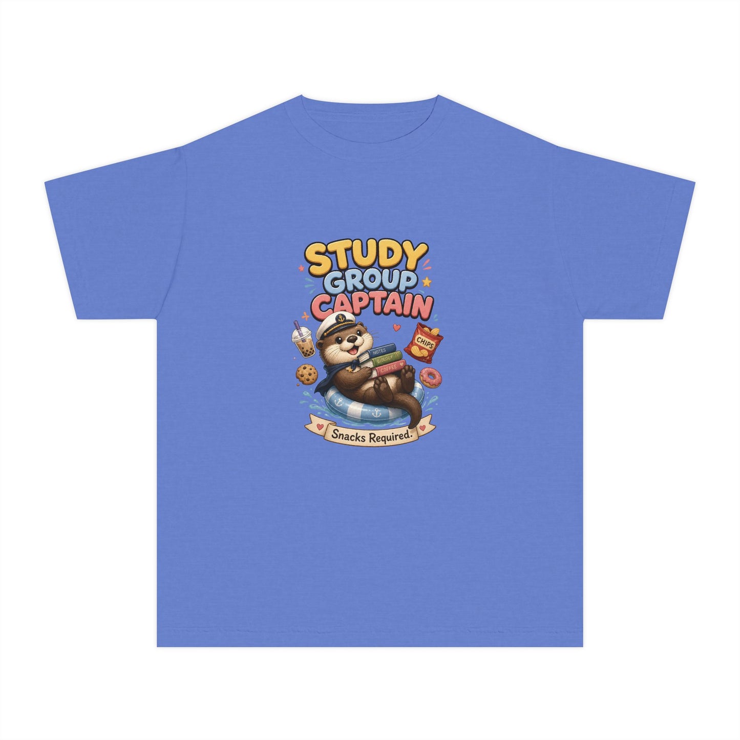 Study Group Captain Youth Tee | Sloth Studying Snacks Graphic