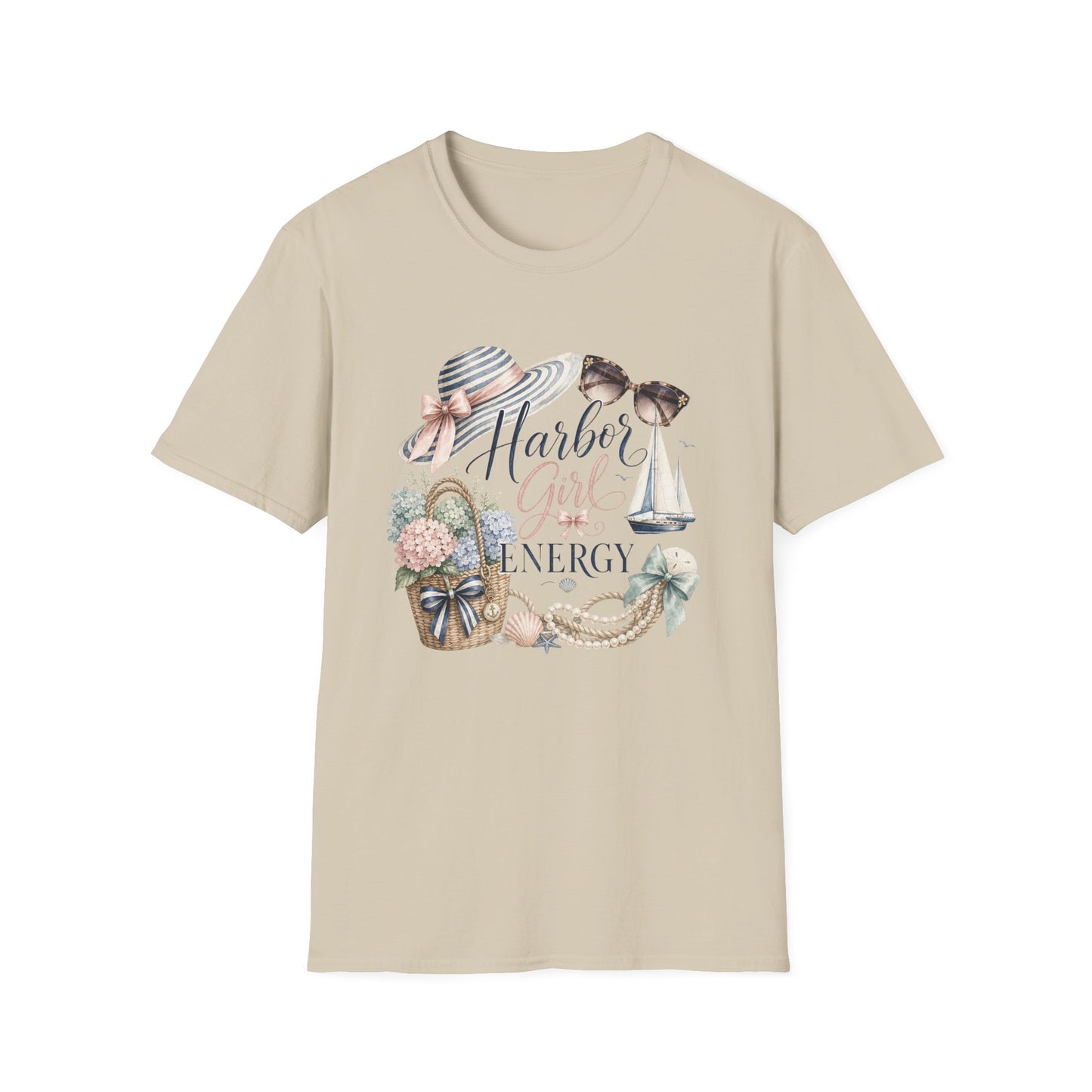 Harbor Girl illustration T-Shirt | Nautical hat, sailboat, seashells