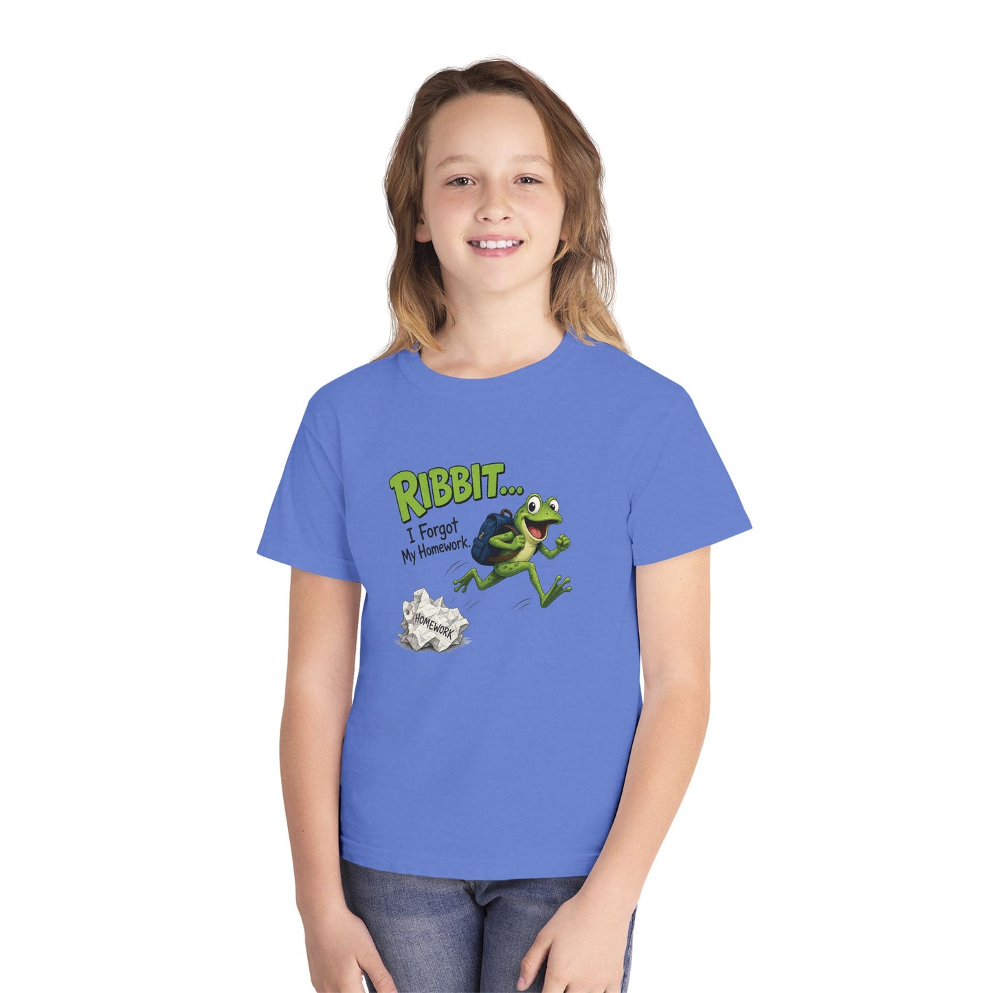 Ribbit Frog Character Youth Tee | Funny Forgot My Homework Design
