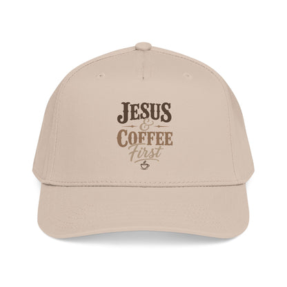 Jesus & Coffee First Mid Profile Baseball Cap | Christian Script Logo