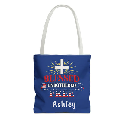 Blessed Unbothered Free Cross tote bag | patriotic faith design