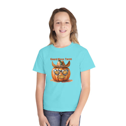 Whimsical Fall Youth Tee - Gourd Bless Tacos, Halloween Shirt, Kids Autumn Apparel, Thanksgiving Humor Top, Funny Seasonal Gift