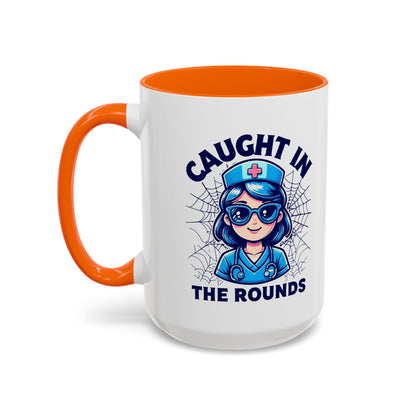 Nurse Coffee Mug, Cute Nursing Gift, Healthcare Appreciation, Fun Spider Design, Caught in the Rounds Mug