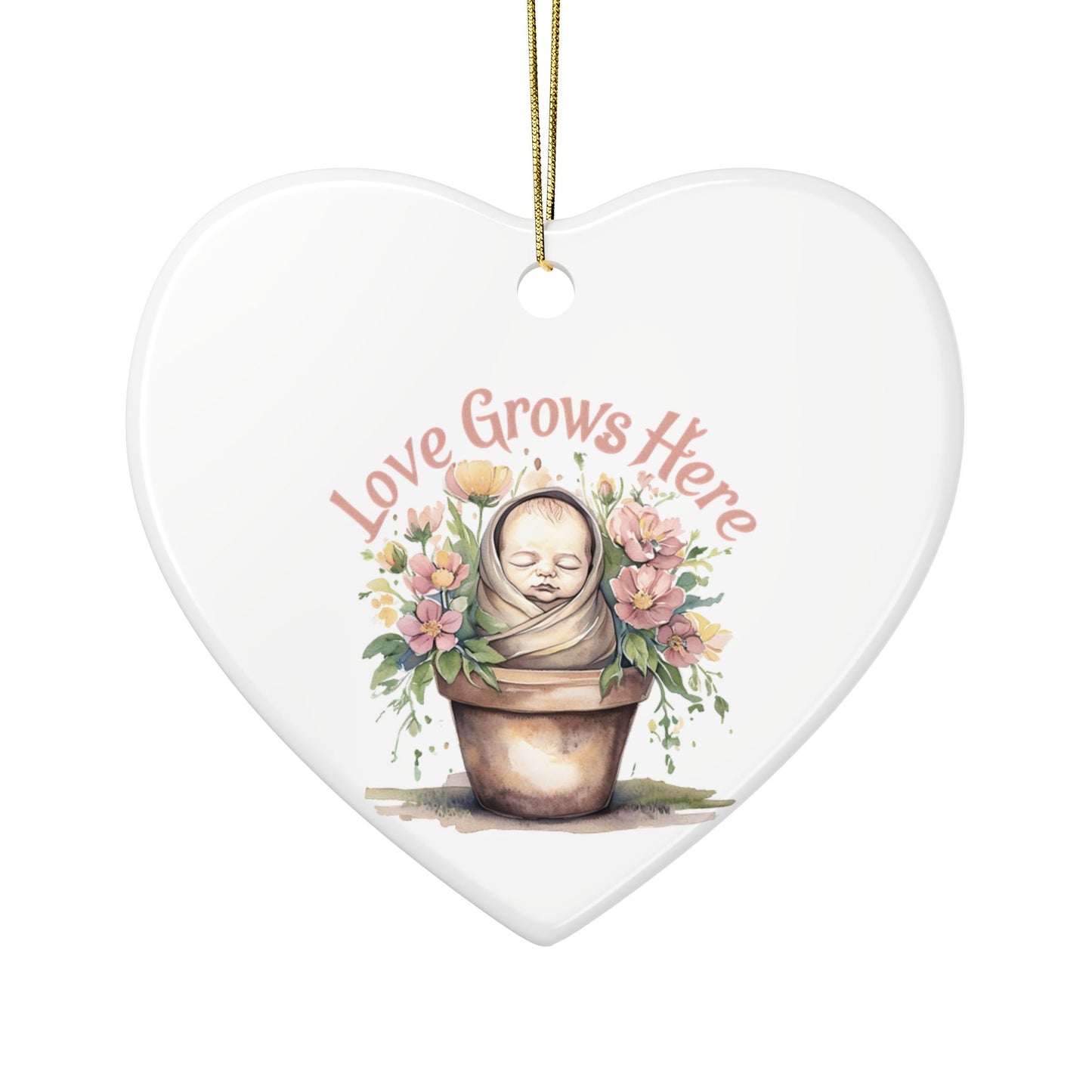 Love Grows Here Ceramic Ornaments, 2-Sided Print, Nursery Decor, Baby Shower Gift, Holiday Ornament, Floral Keepsake