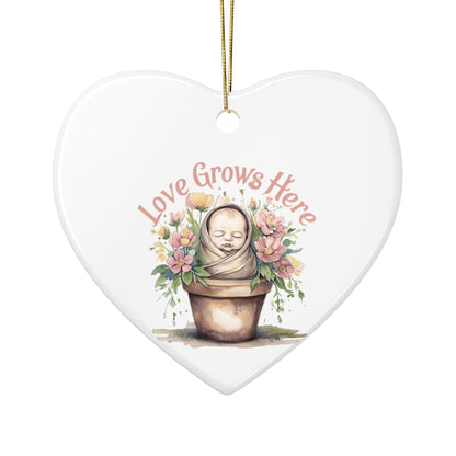 Love Grows Here Ceramic Ornaments, 2-Sided Print, Nursery Decor, Baby Shower Gift, Holiday Ornament, Floral Keepsake