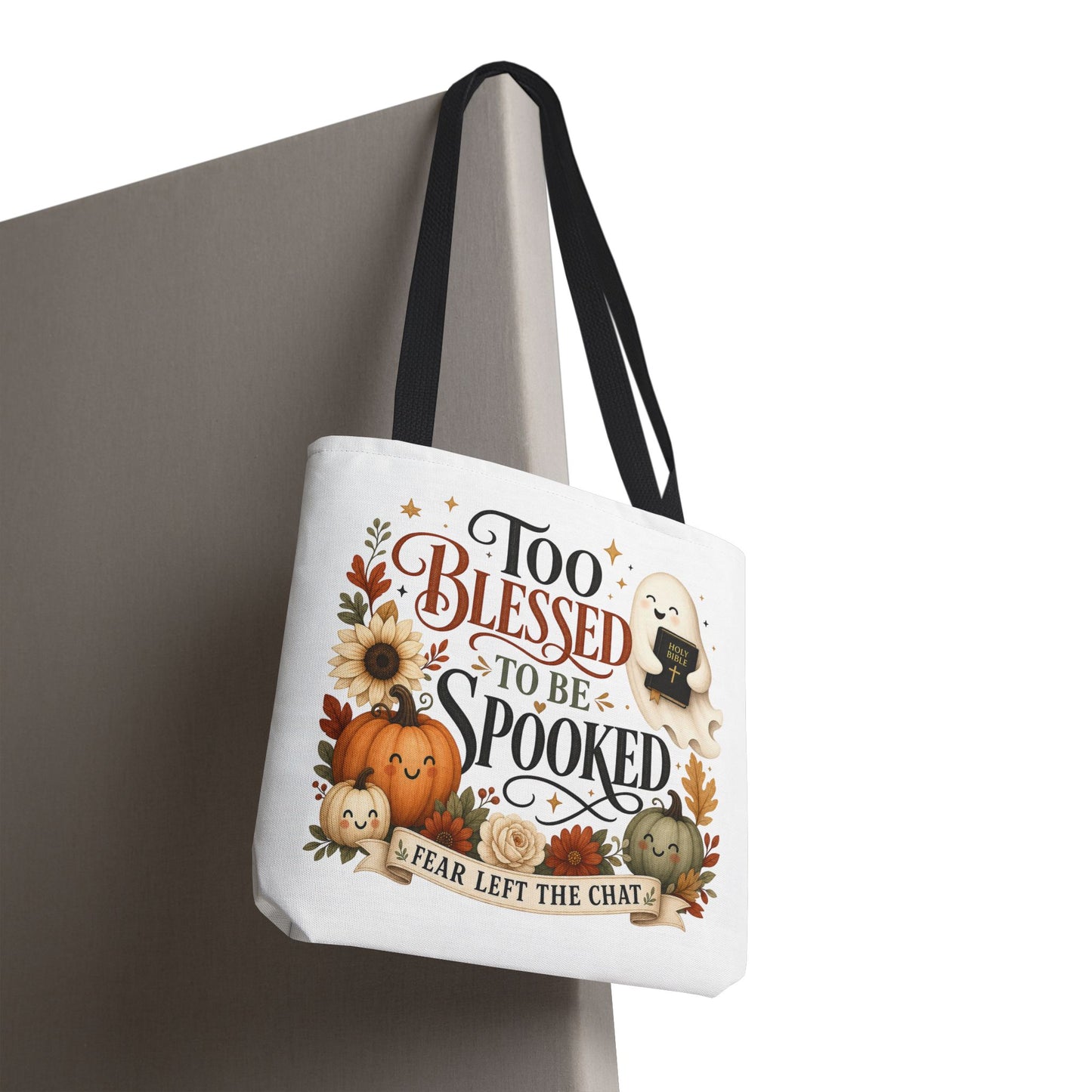 Too Blessed to Be Spooked Tote Bag | Halloween Pumpkin Ghost Fall Leaves