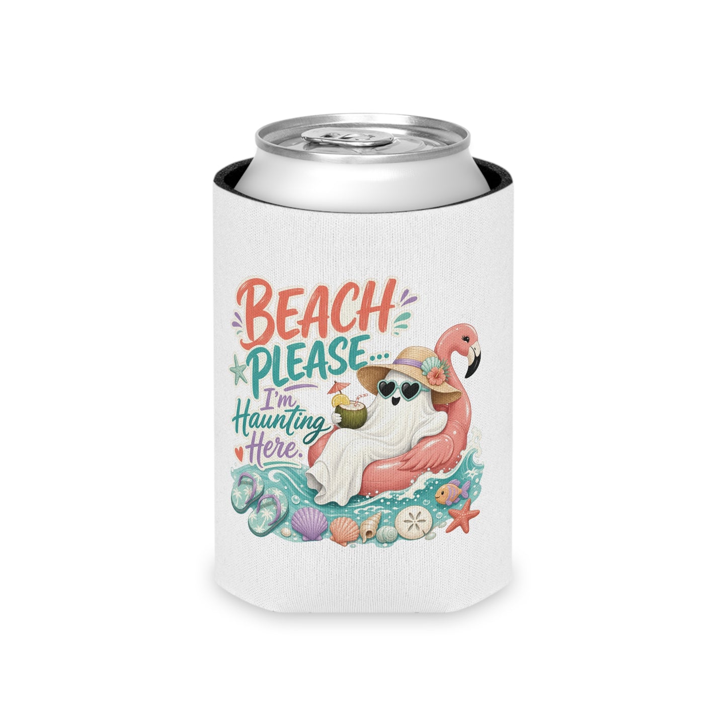 Beach Please Ghost Flamingo Can Cooler | Summer Beach Drink Sleeve