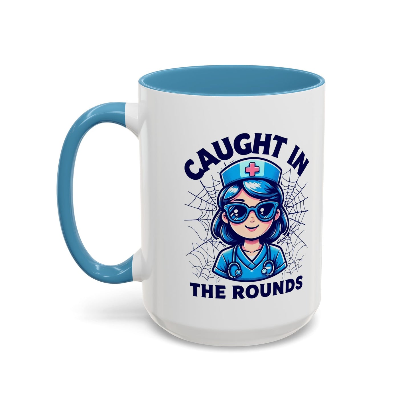 Nurse Coffee Mug, Cute Nursing Gift, Healthcare Appreciation, Fun Spider Design, Caught in the Rounds Mug