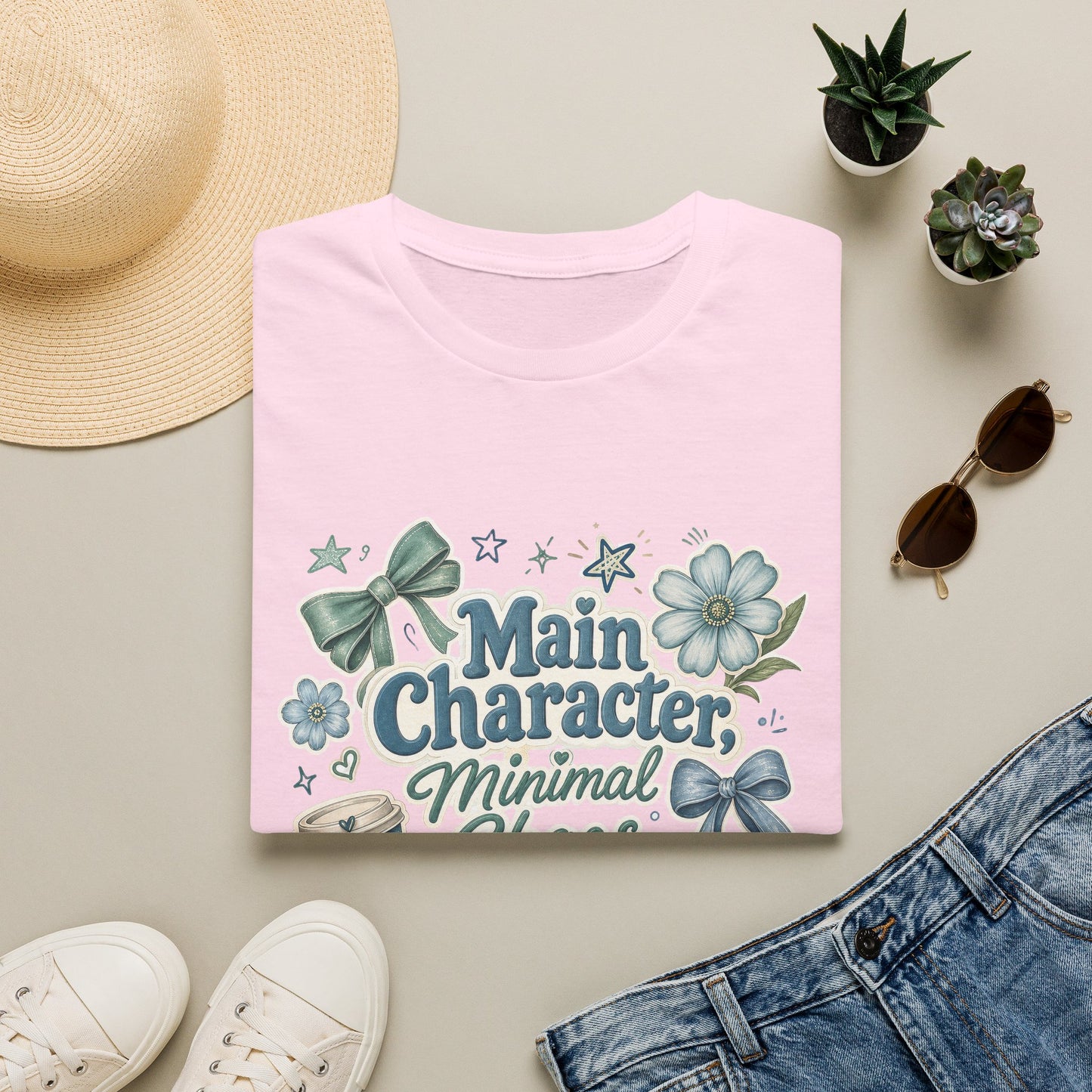 Main Character Minimal Chaos T-Shirt | Floral Bows Stars Design