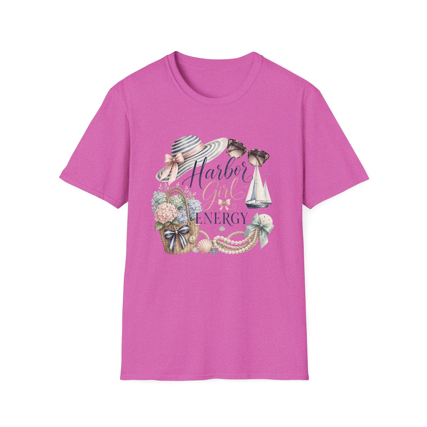 Harbor Girl illustration T-Shirt | Nautical hat, sailboat, seashells