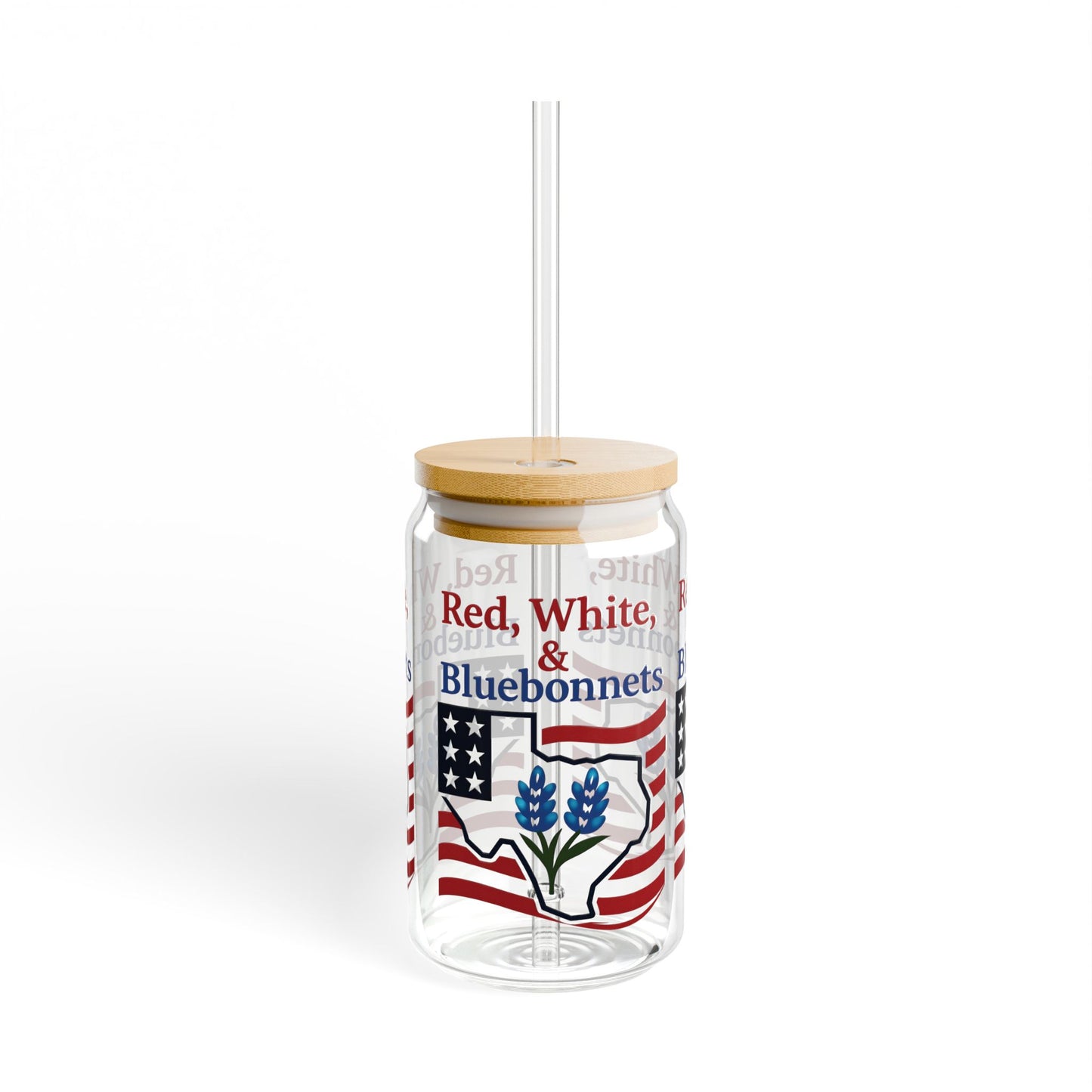 Sipper Glass, 16oz - Texas Theme Patriotic Bluebonnets, Texas Souvenir Cup, Lone Star State Gift, USA Flag Drinkware, America Independence
