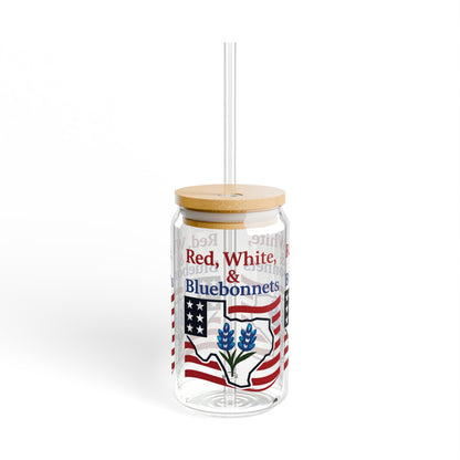 Sipper Glass, 16oz - Texas Theme Patriotic Bluebonnets, Texas Souvenir Cup, Lone Star State Gift, USA Flag Drinkware, America Independence