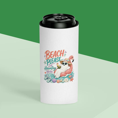 Beach Please Ghost Flamingo Can Cooler | Summer Beach Drink Sleeve