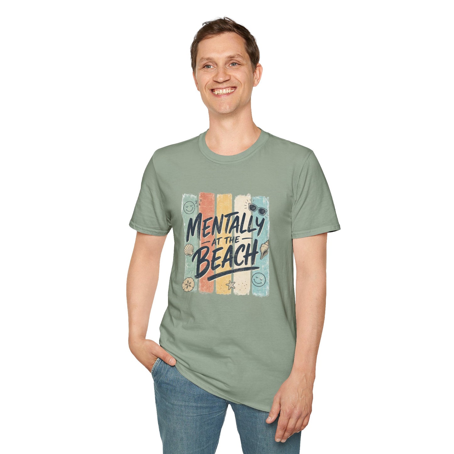 Mentally at the Beach T-Shirt | Retro Stripes, Sunglasses & Seashells