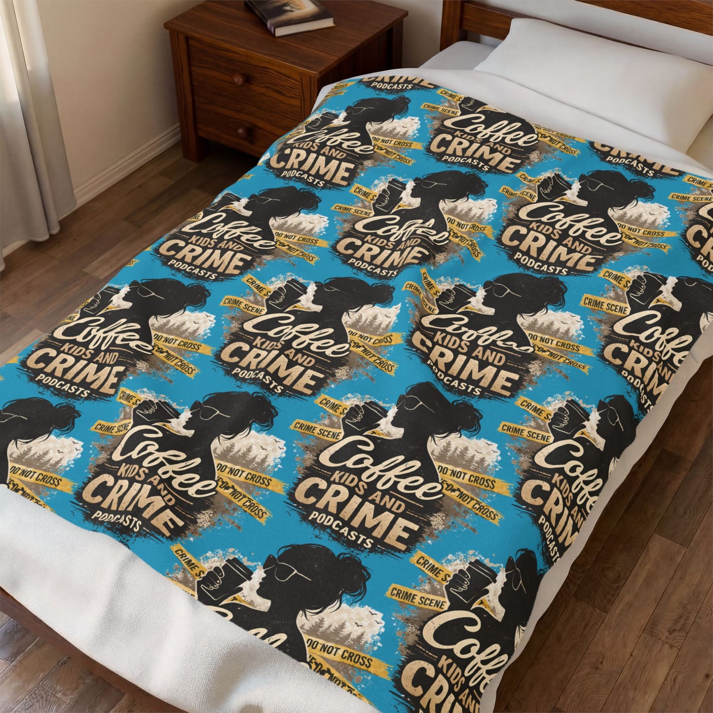 Coffee and Crime Podcast Velveteen Plush Blanket for Mom | True Crime Coffee Pattern