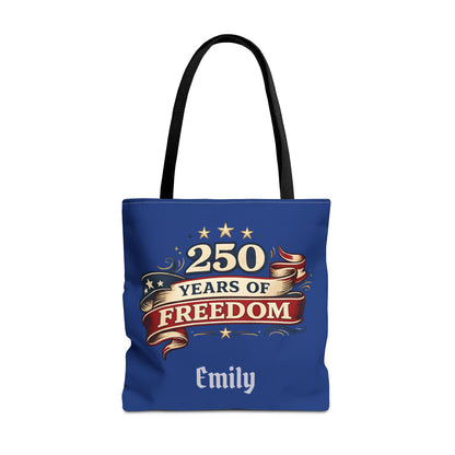 250 Years of Freedom Tote Bag | Patriotic Flag Ribbon Design