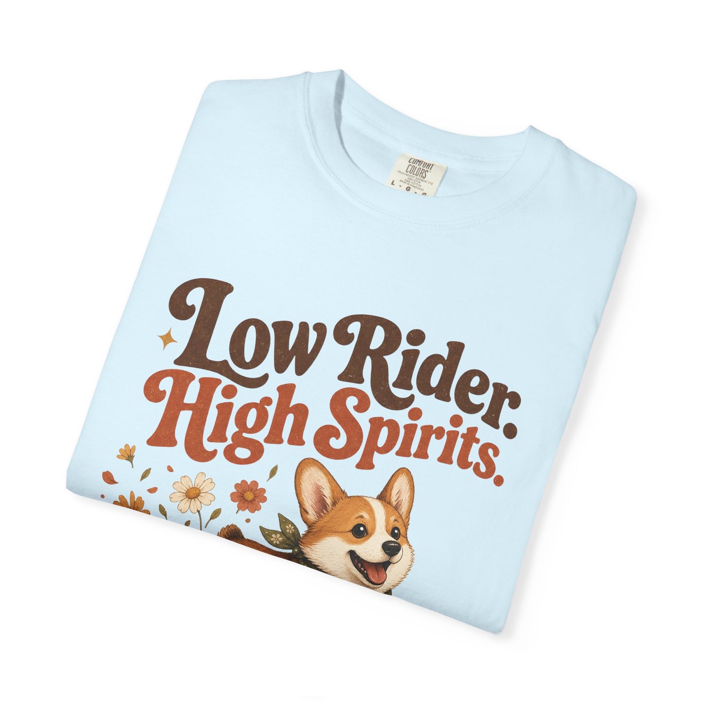 Low Rider High Spirits Corgi T-Shirt | Running Corgi Illustration, Autumn Leaves