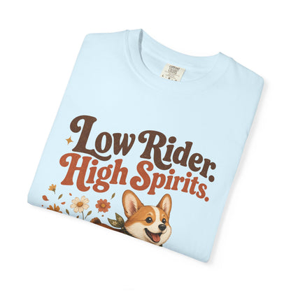 Low Rider High Spirits Corgi T-Shirt | Running Corgi Illustration, Autumn Leaves