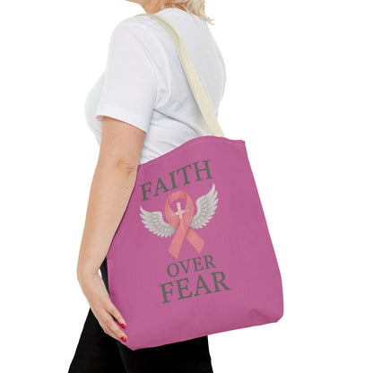 Faith Over Fear Tote Bag - Inspirational, Pink Ribbon, Breast Cancer Awareness, Motivational Gift, Everyday Use