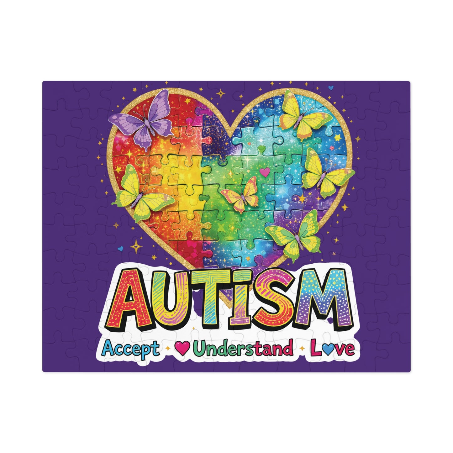 Autism Accept Understand Love Jigsaw Puzzle with Tin | Rainbow Heart Butterflies