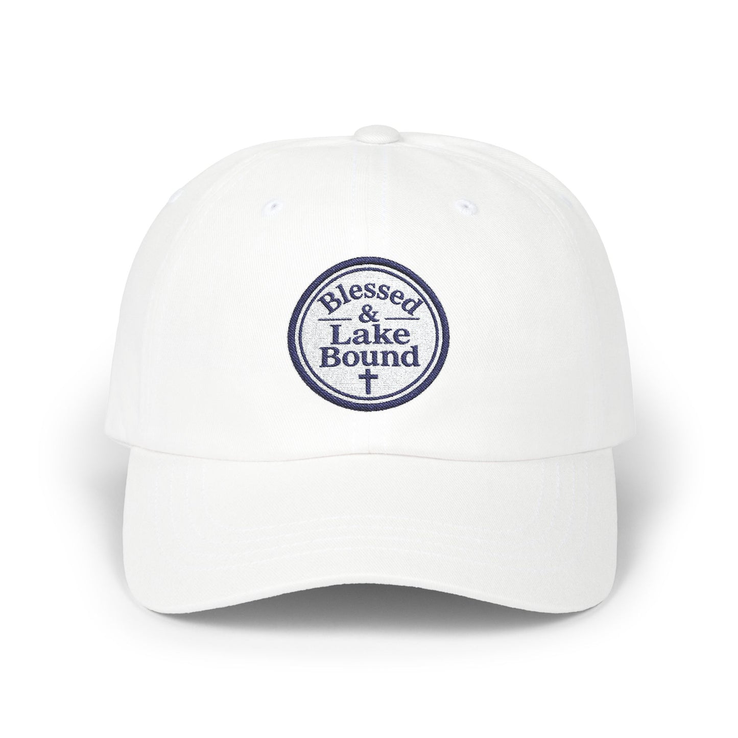 Blessed & Lake Bound Dad Cap | Embroidered Circle Logo, White Baseball Hat