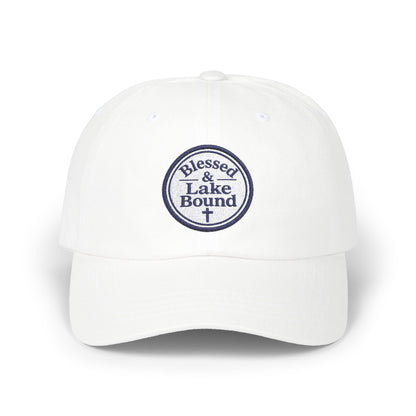Blessed & Lake Bound Dad Cap | Embroidered Circle Logo, White Baseball Hat