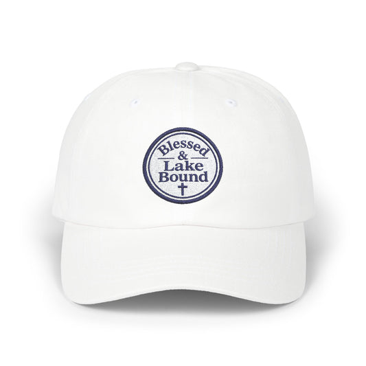 Blessed & Lake Bound Dad Cap | Embroidered Circle Logo, White Baseball Hat
