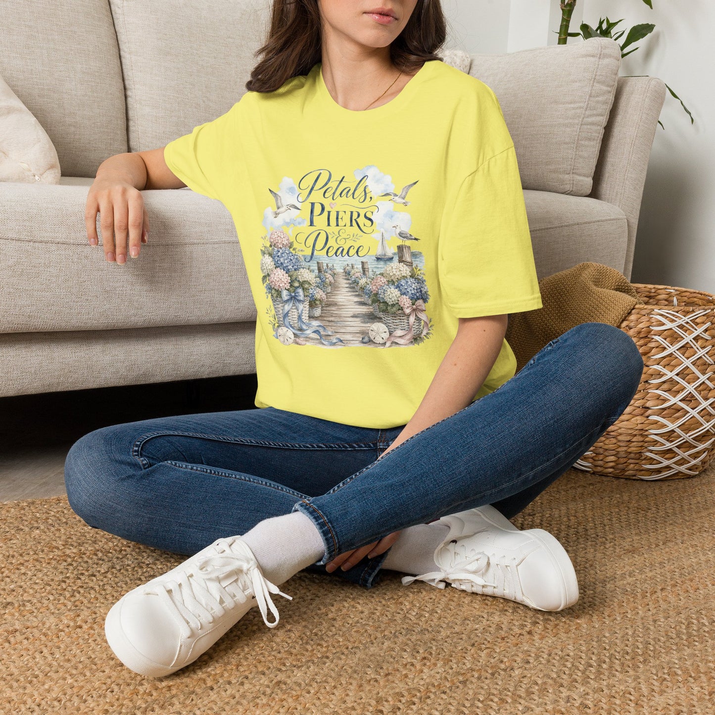Petals Piers Peace T-Shirt | Coastal Lighthouse Floral Seagulls Design