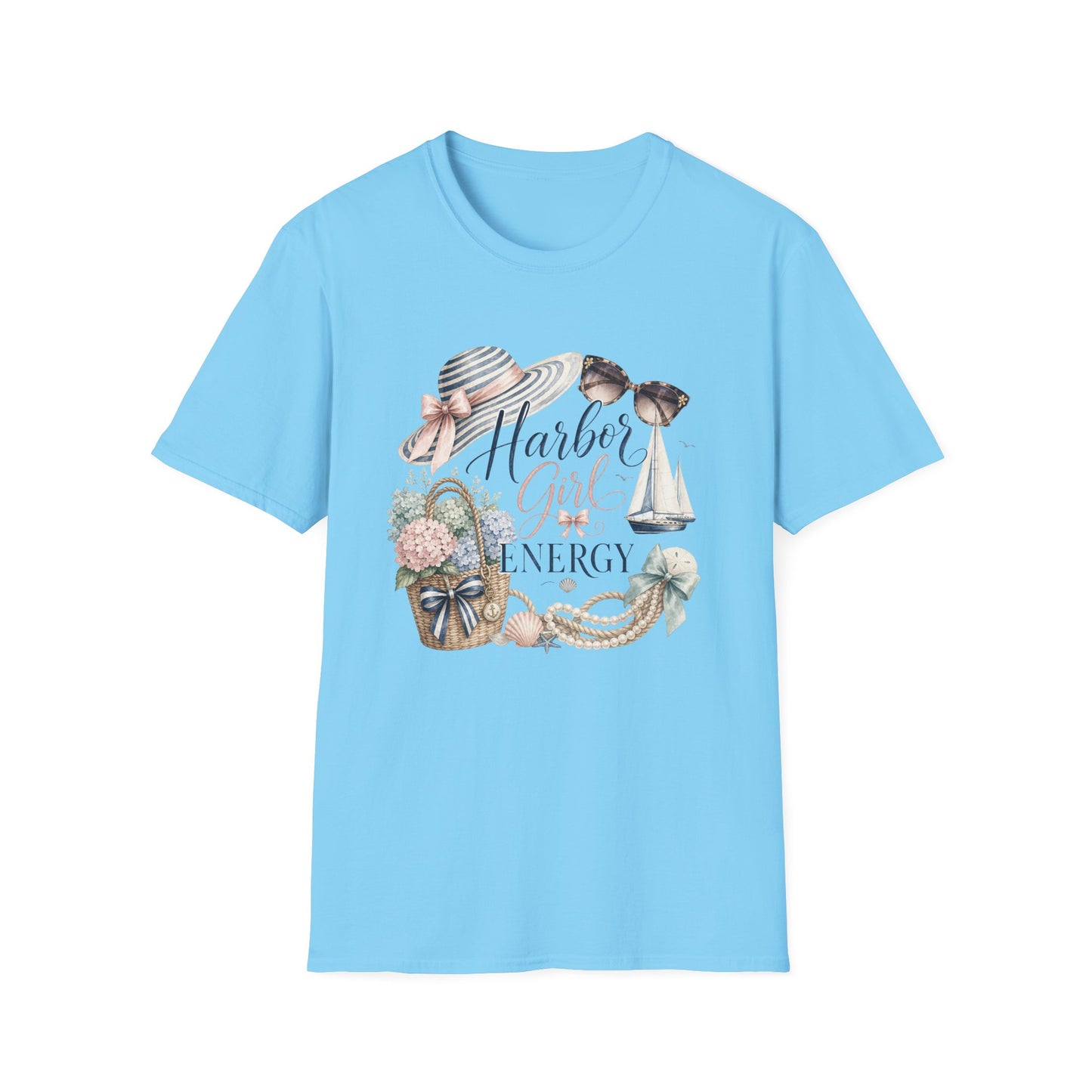 Harbor Girl illustration T-Shirt | Nautical hat, sailboat, seashells