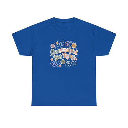Overstimulated But Trying tee | Funny Mental Health Shirt, Cute Retro Doodles