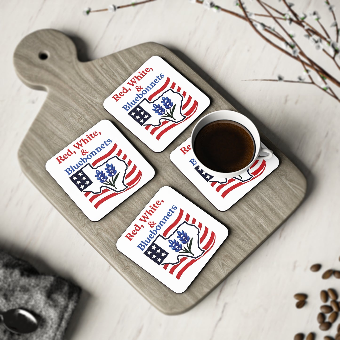 Patriotic Coasters, Independence Day Drink Coasters, Red White Bluebonnets Texas Theme Coasters, USA Flag Coaster Set, July 4th Decor