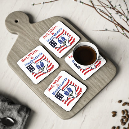 Patriotic Coasters, Independence Day Drink Coasters, Red White Bluebonnets Texas Theme Coasters, USA Flag Coaster Set, July 4th Decor