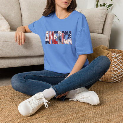 American Flag Patchwork Style Letters T-Shirt | Patriotic Fourth of July Tee