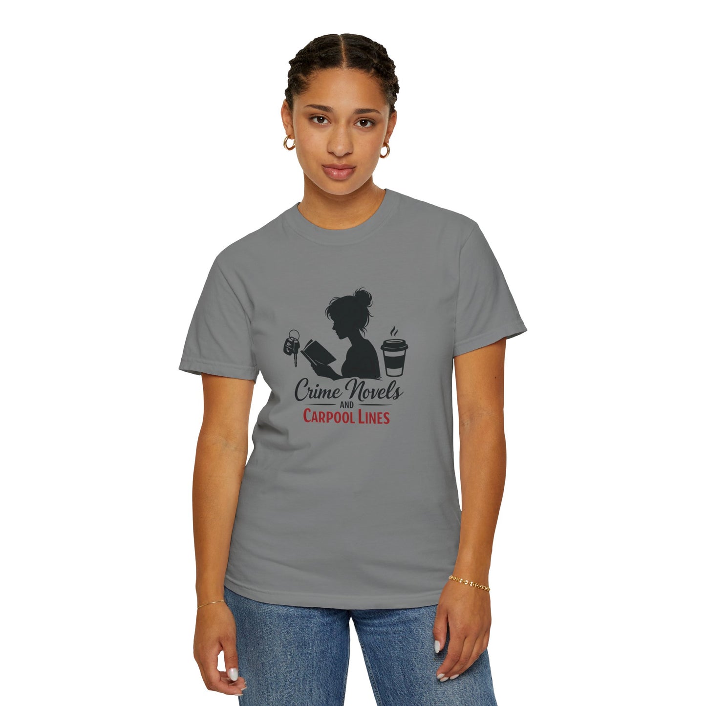 Crime Novels and Carpool Lines T-shirt | Reading Mom Silhouette, Coffee Graphic