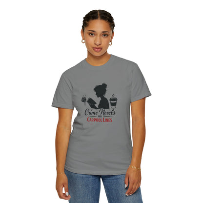 Crime Novels and Carpool Lines T-shirt | Reading Mom Silhouette, Coffee Graphic